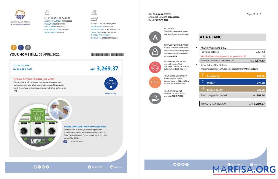 Blank UAE Abu Dhabi Al Ain Distribution Co. Word and PDF utility bill template (5 pages) 1 2
